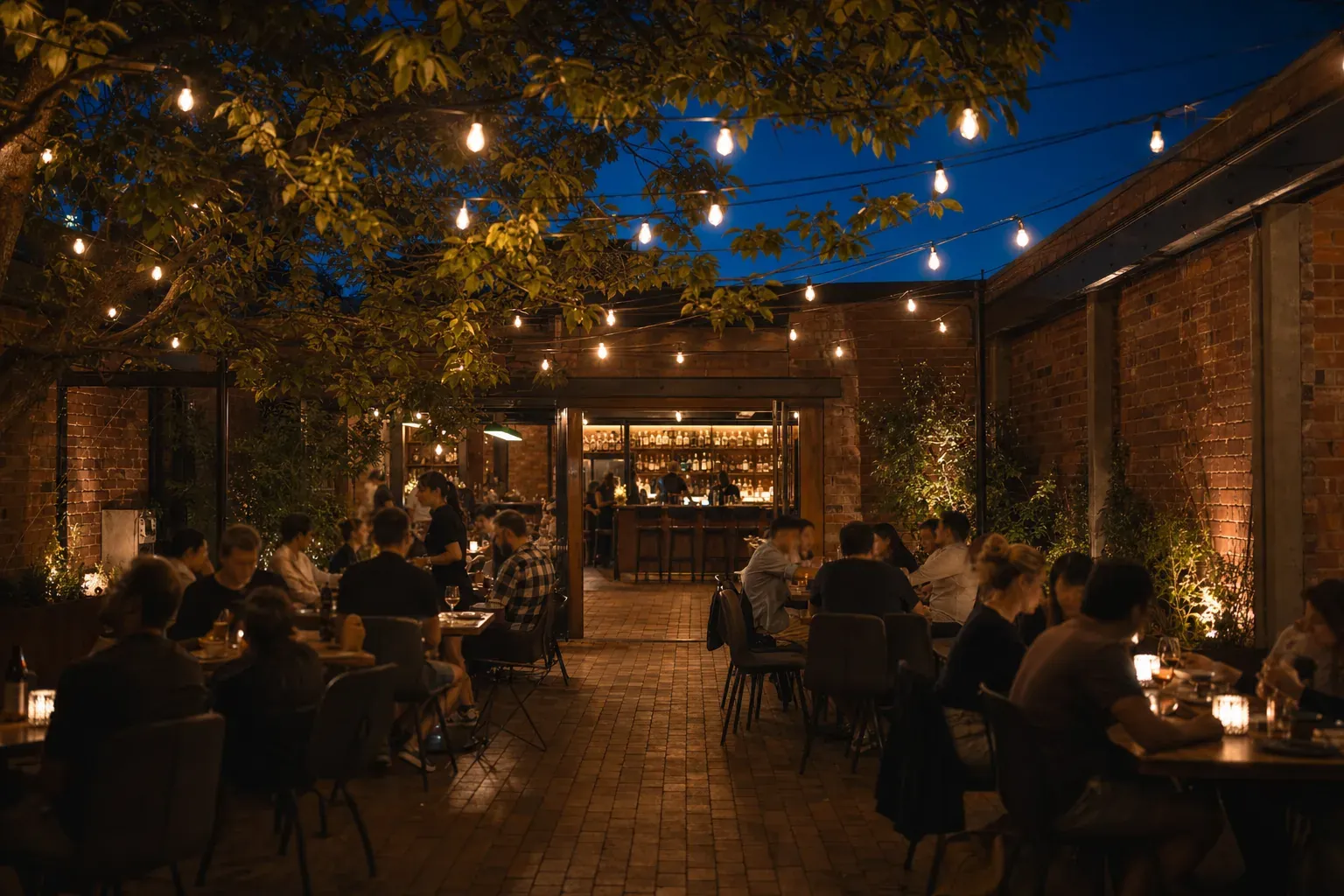 The Saltbush courtyard at dusk under festoon lights and a big shade tree, diners at timber tables, the bar glowing at the far end