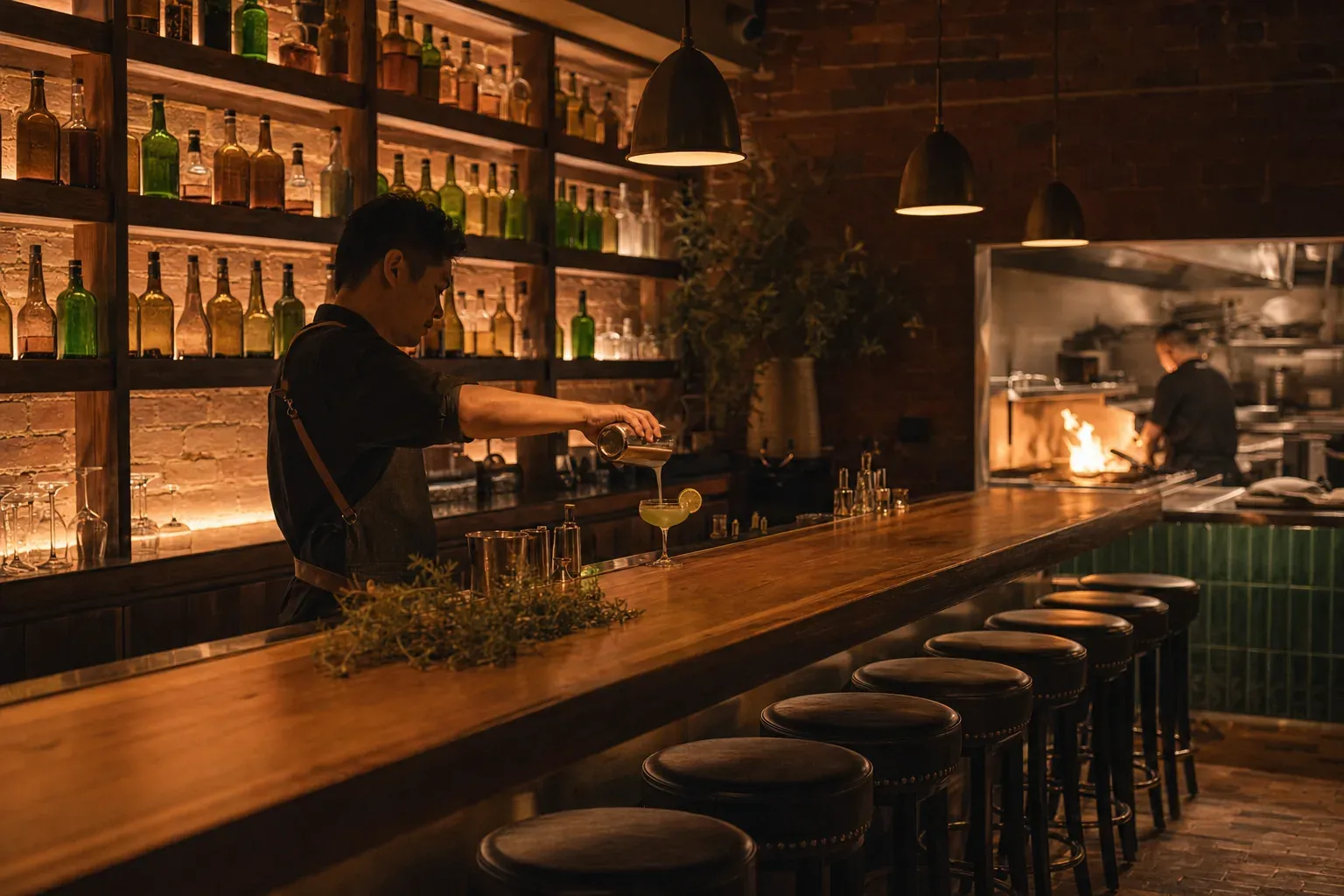 The bar: a long timber bar with backlit bottles, a bartender pouring a pale green cocktail, the open kitchen glowing beyond