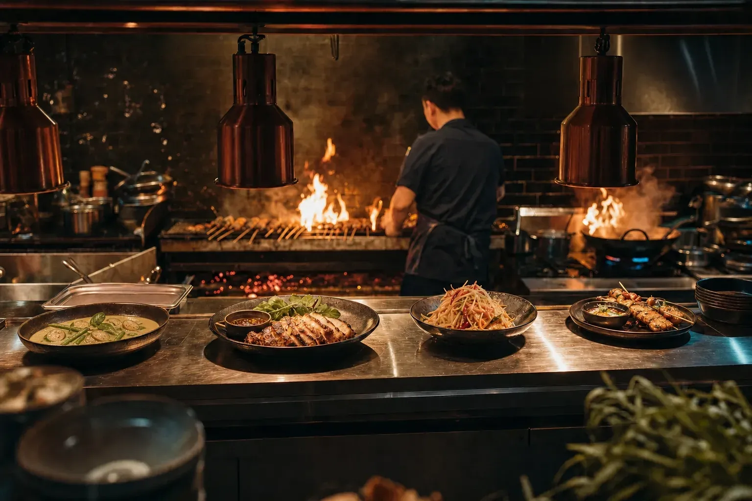 The kitchen pass: plates of green curry, gai yang, som tam and skewers under copper heat lamps, a cook at the charcoal grill behind