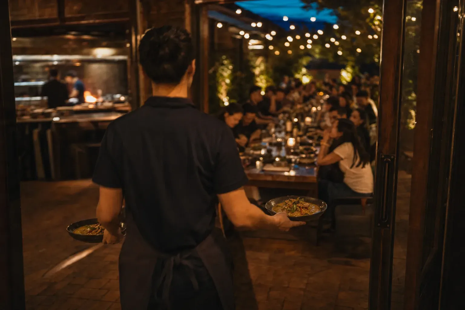 A server carrying two bowls of curry out of the kitchen towards a long shared table in the courtyard