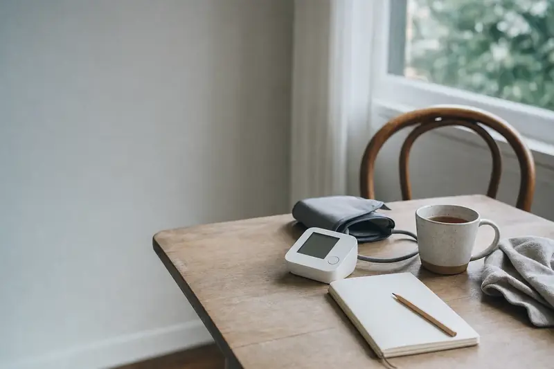 A home blood-pressure cuff and monitor on a timber table beside a mug of tea and a notebook
