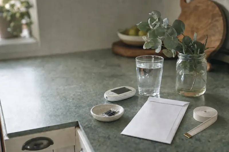 A glucose meter, test strips, a plain envelope and a tape measure on a kitchen bench