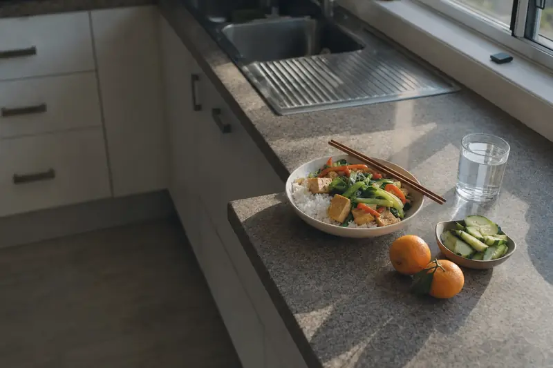 A home-cooked bowl of rice, greens and tofu on a kitchen bench, with mandarins and water