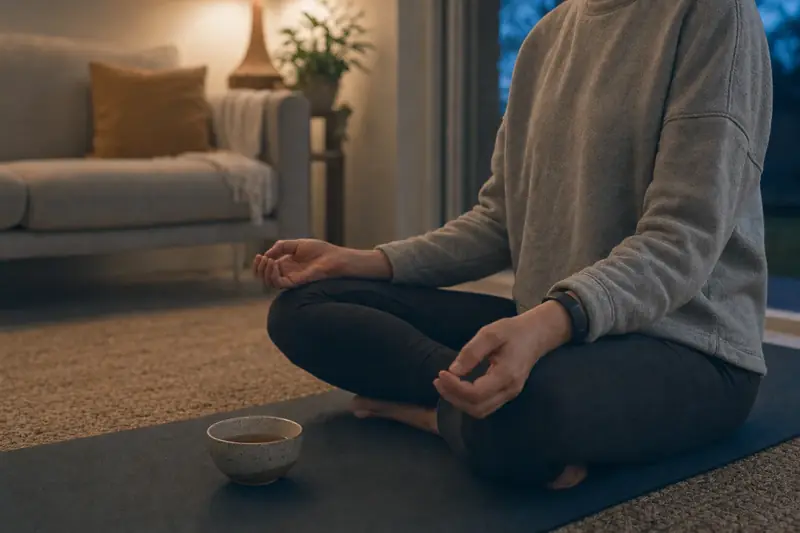 A person sitting cross-legged on an exercise mat in lamplight, cup of tea beside them