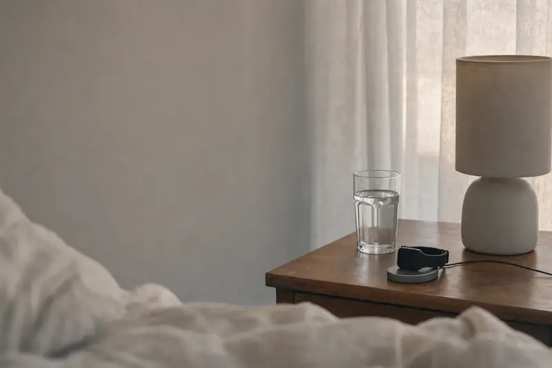 A bedside table at dawn with a glass of water and a wearable on its charger