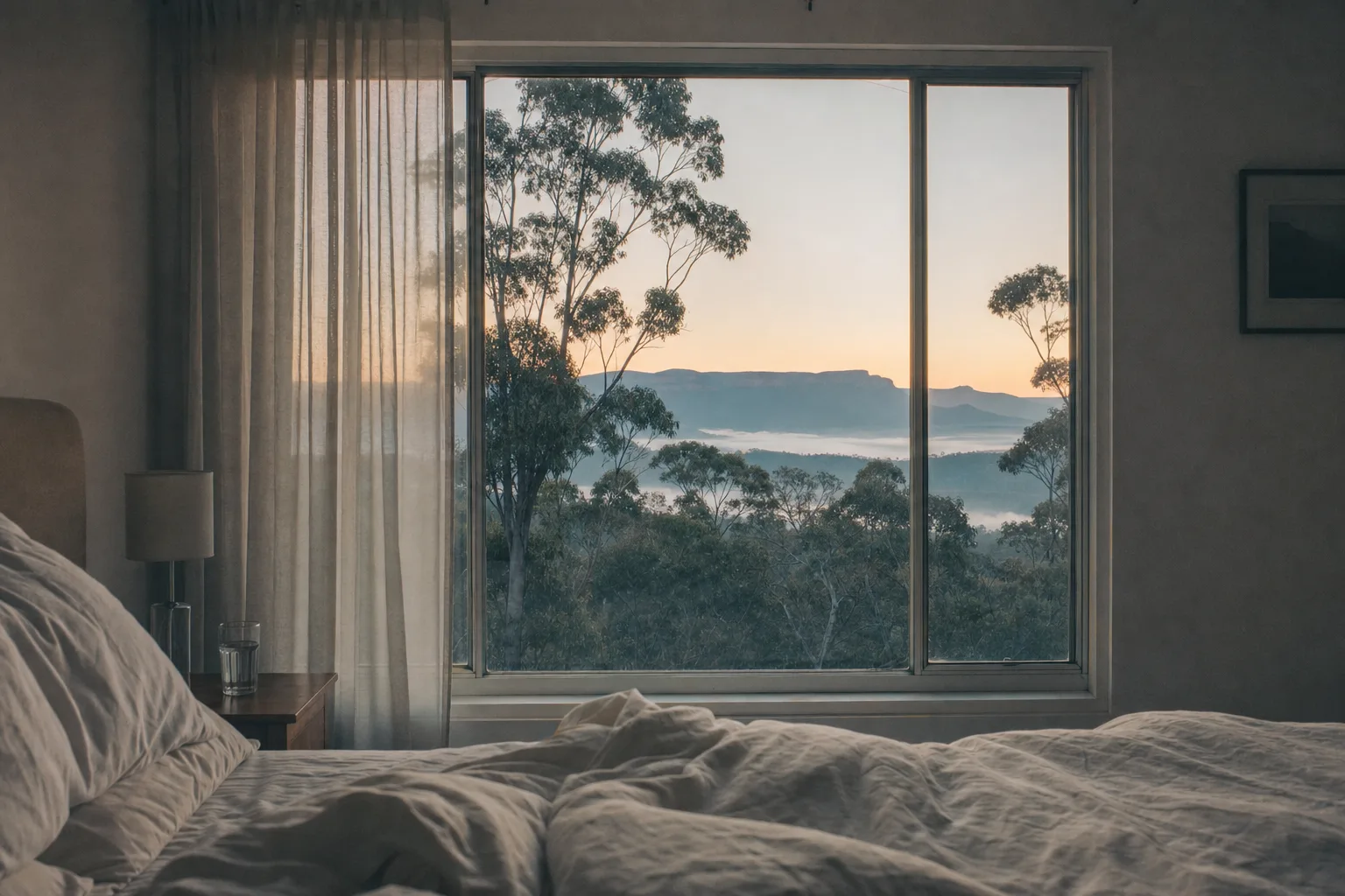 A quiet bedroom at dawn, the bed unmade, a window looking out over misty Blue Mountains ridgelines