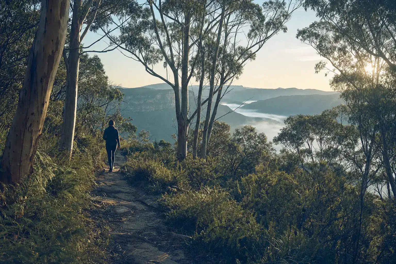 A person walking away along a sandstone bush track in the Blue Mountains, early morning mist in the valley