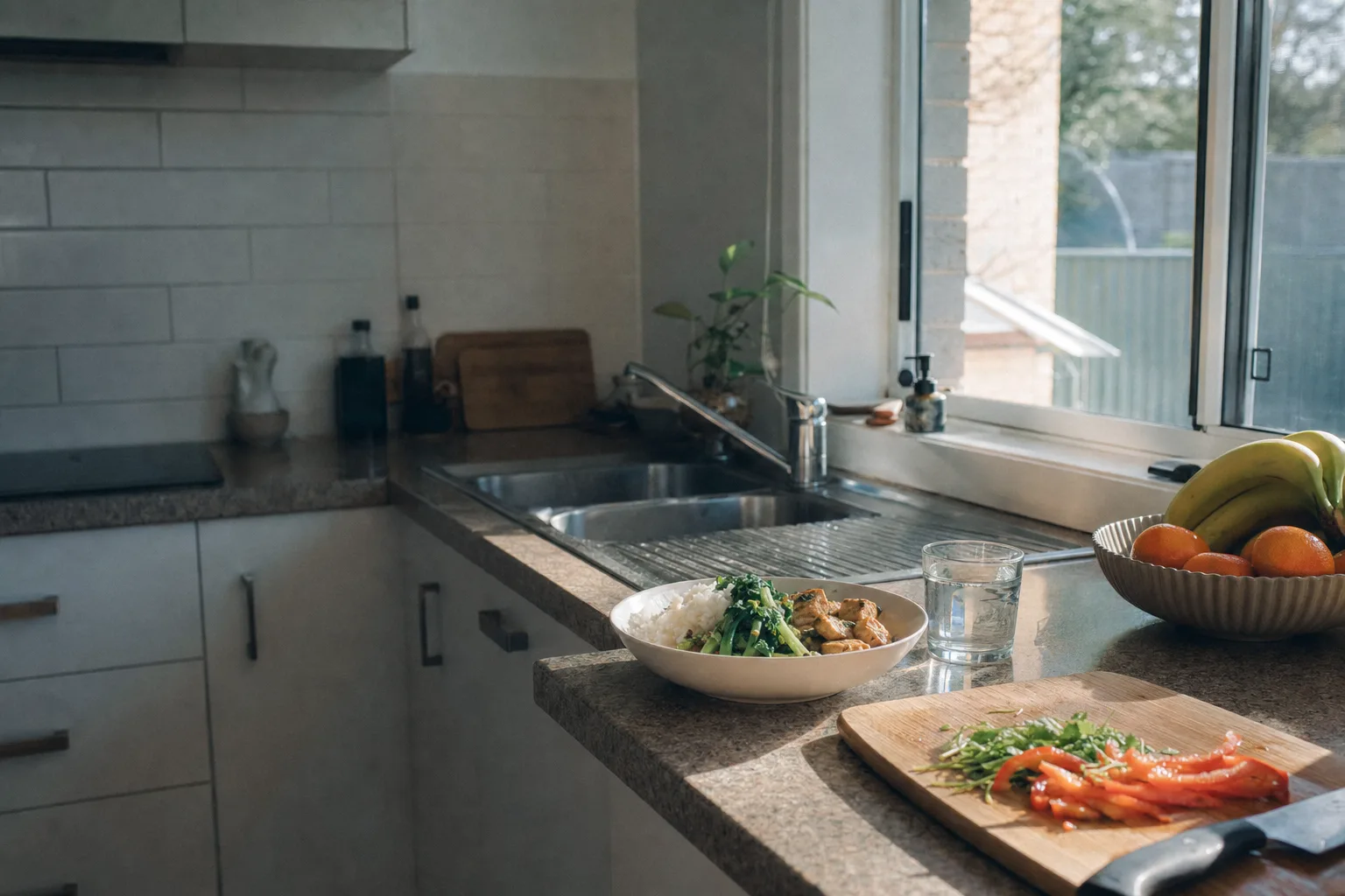 A simple home-cooked bowl of rice, greens and tofu on a suburban kitchen bench in late-afternoon light