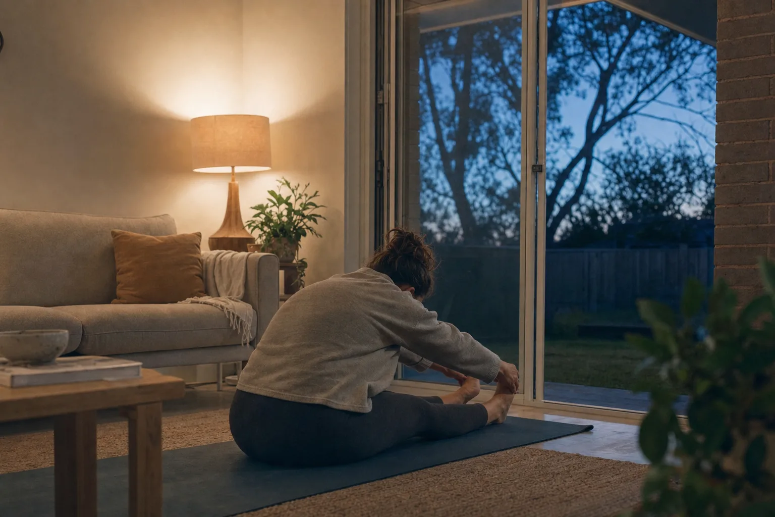 In a lamp-lit living room at dusk, a person stretches on an exercise mat, seen from behind