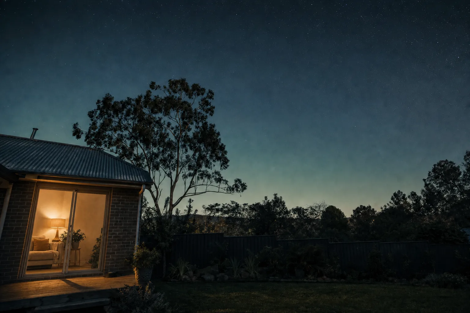 A backyard at nightfall, light spilling from a sliding door, a eucalyptus against the first stars