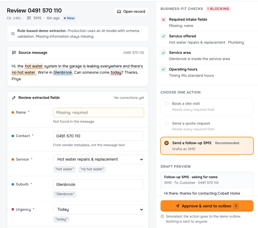 The SEVN Flow review screen: the customer’s message, the job details pulled from it with the words they came from, a missing name flagged, and a drafted reply waiting for approval.