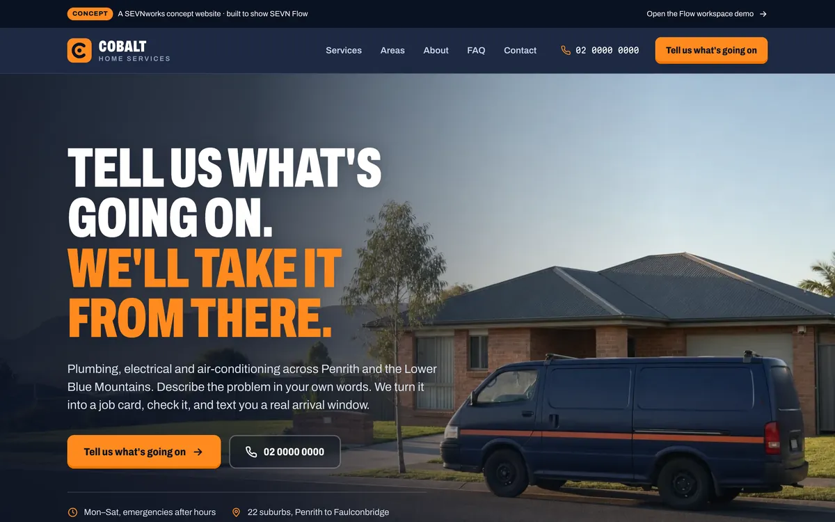 The Cobalt Home Services website, headed Tell us what’s going on. We’ll take it from there.