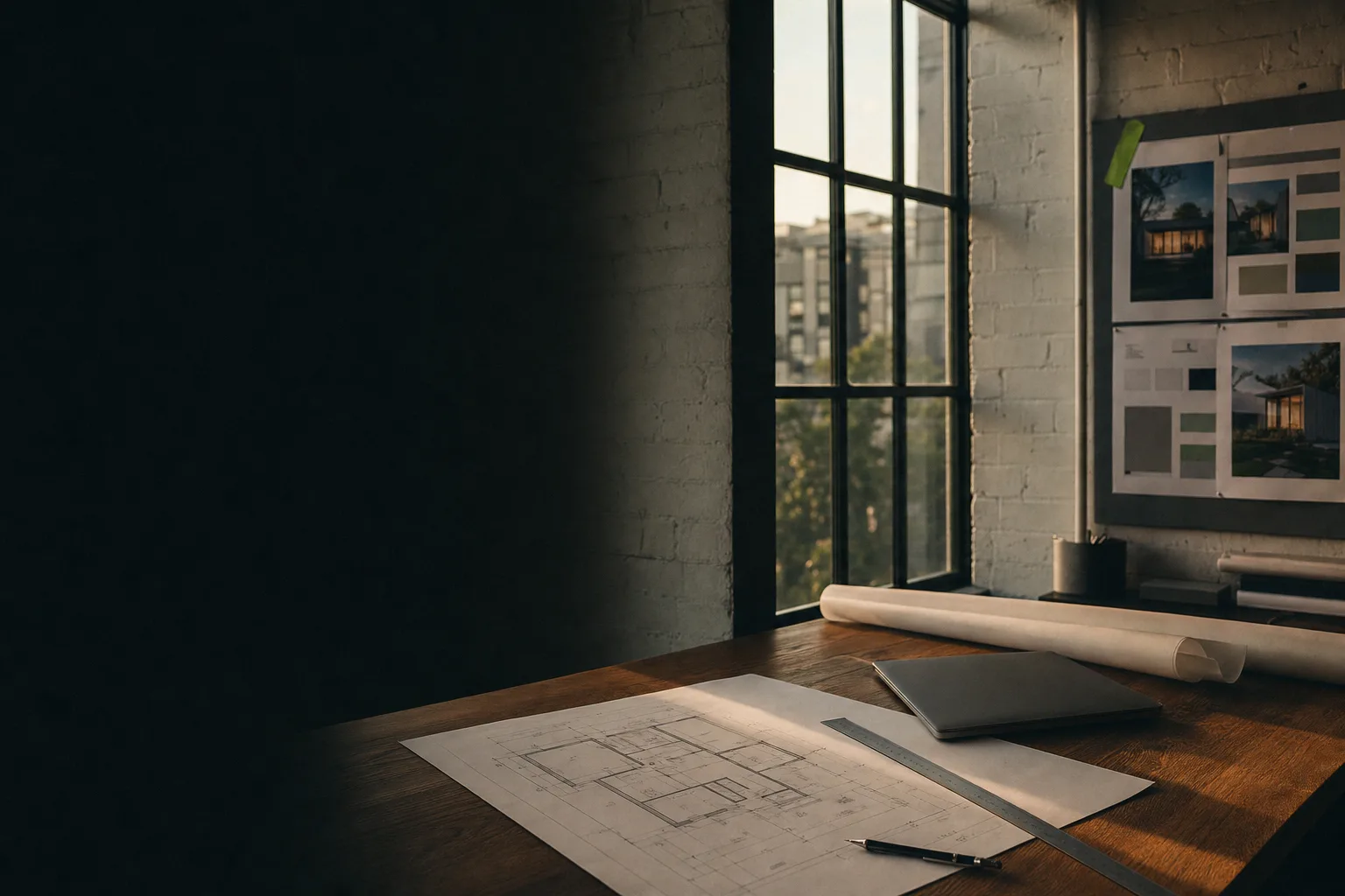 A studio desk at dusk: a printed floor plan, a steel rule and a closed laptop beside a tall steel-framed window, website layouts pinned to the wall