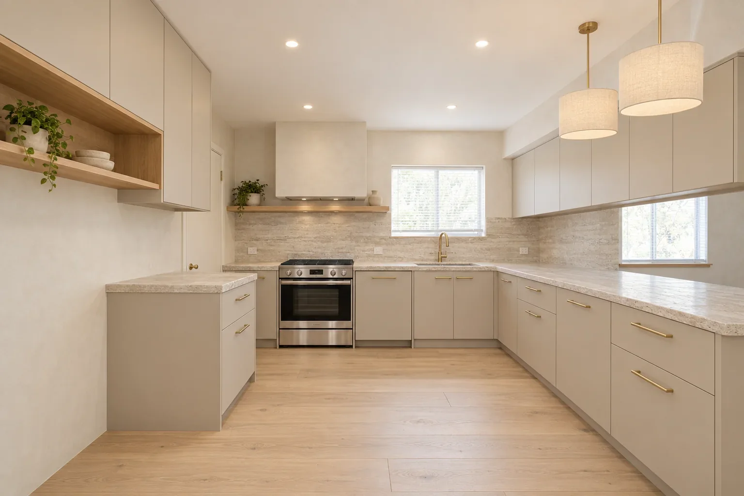 A warm, minimal kitchen concept with putty slab cabinetry, a travertine splashback and linen pendants (AI-generated from a real before photo; fictional business)