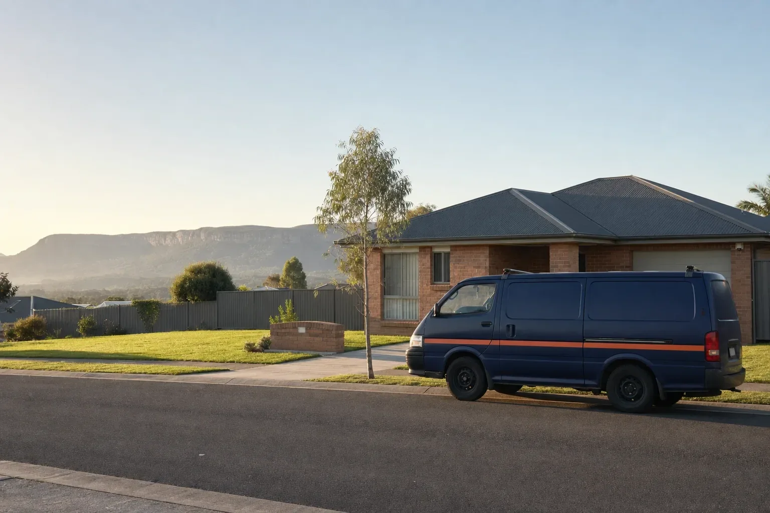A service van parked outside a suburban home below the escarpment (AI-generated concept image; fictional business)