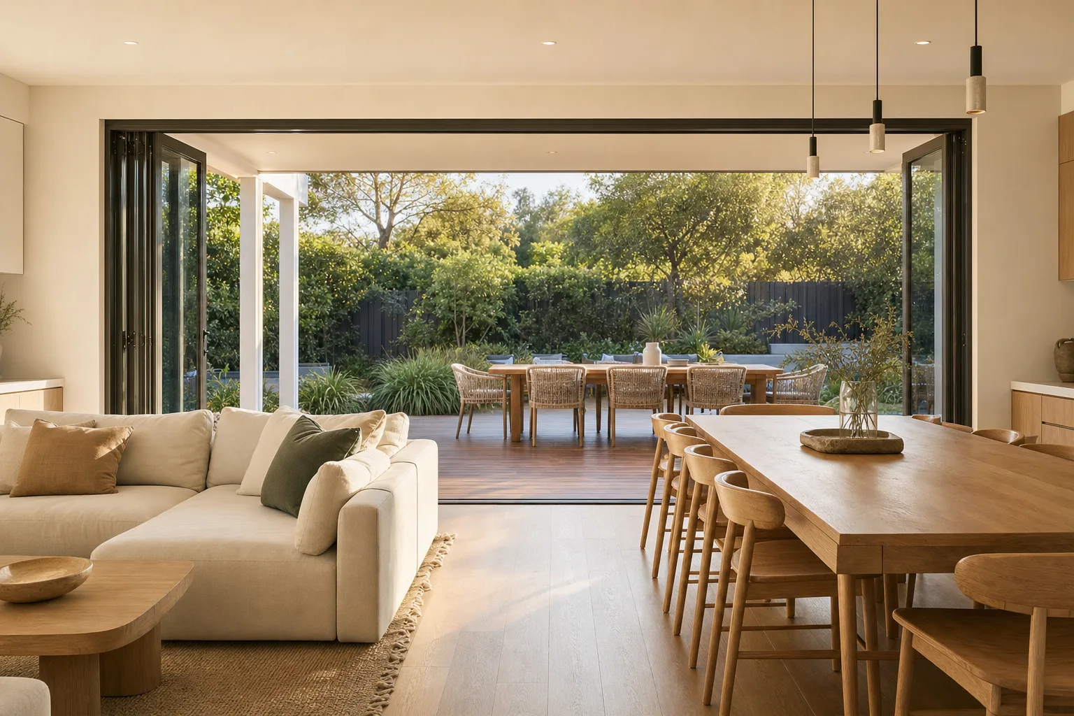 Living and dining room of 12 Wattlebird Rise opening to the deck at golden hour (AI-generated concept image of a fictional home)